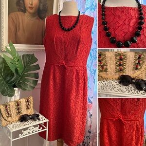 Elegant Red Lace Dress- vintage 1960s lots of fun details